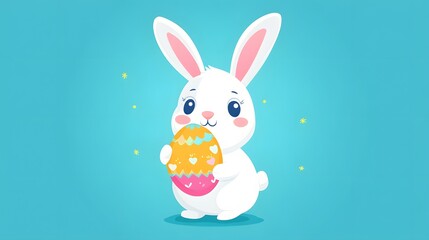Obraz premium Adorable White Easter Bunny Holding Decorated Egg Spring Holiday Illustration