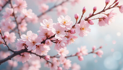 Obraz premium Delicate cherry blossom branch blooming softly in spring, surrounded by a dreamy, blurred background