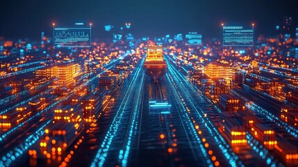 Futuristic cargo ship traversing a digital city, illuminated by glowing, interconnected network of data streams and logistical information.  Dynamic, technological transportation in a smart city