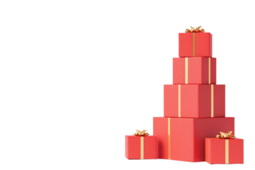 stack of red gift boxes with gold ribbons is arranged in pyramid shape, creating festive and celebratory atmosphere. boxes vary in size, adding visual interest and sense of anticipation