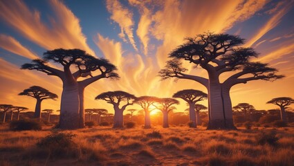 Alley of the Baobabs with foliage during the golden sunset and clouds overhead.