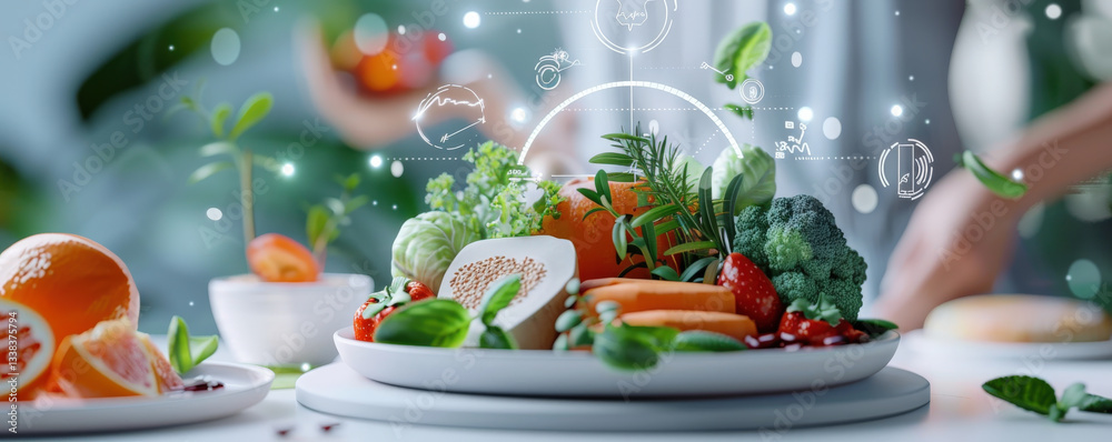 Poster vibrant display of fresh fruits and vegetables is enhanced by digital holograms analyzing micronutri