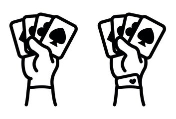 A hand holding cards linear icon. A card in a sleeve. The icon of a hustler. The icon of a magician. Fair and unfair play