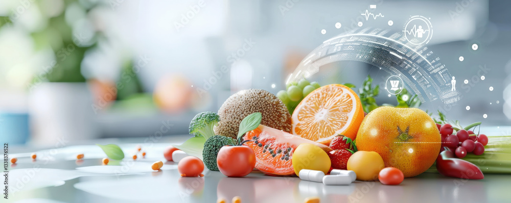 Aufkleber vibrant display of vitamin rich foods like fruits and vegetables is enhanced by futuristic ai powere