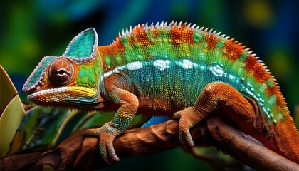 Obraz premium A close-up shot of a chameleon changing colors, showcasing the intricate details of its scales. A captivating and detailed image perfect for nature and wildlife enthusiasts