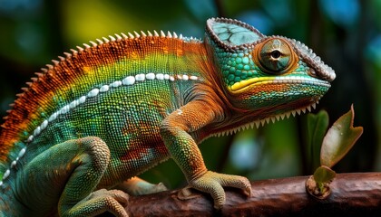 Fototapeta premium A close-up shot of a chameleon changing colors, showcasing the intricate details of its scales. A captivating and detailed image perfect for nature and wildlife enthusiasts