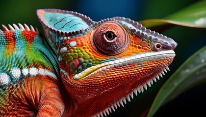 Obraz premium A close-up shot of a chameleon changing colors, showcasing the intricate details of its scales. A captivating and detailed image perfect for nature and wildlife enthusiasts