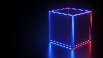 Neon Cube with Glowing Edges on Dark Background for Futuristic and Abstract Design Concepts