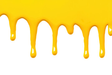 Bright yellow paint drips down against transparency background, creating vibrant and artistic effect. smooth, glossy texture of paint adds dynamic and creative touch to image