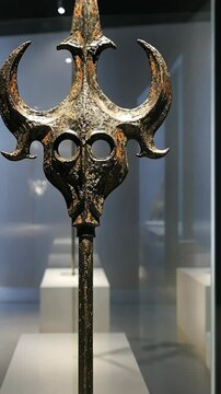 Intricate bronze spearhead displayed in a modern museum gallery showcasing ancient craftsmanship and artistry