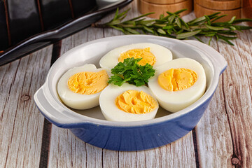 Boiled chicken eggs with bright yolk