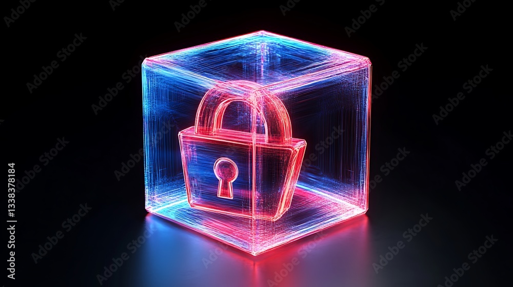 Poster neon hologram of a padlock inside a glowing cube representing security and data protection concepts
