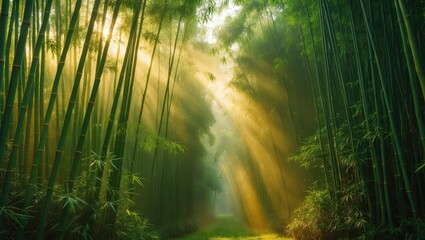 Bamboo forest in Asia illuminated by morning sunlight