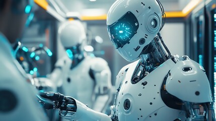 A high-tech industrial setting where bionic robots collaborate with humans.