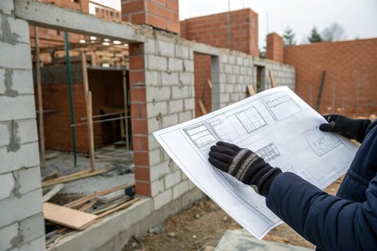 Architect hold blueprint at unfinished building site. Construction planning and management
