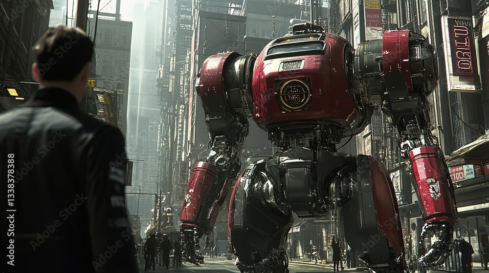 Poster a high-tech industrial setting where bionic robots collaborate with humans.