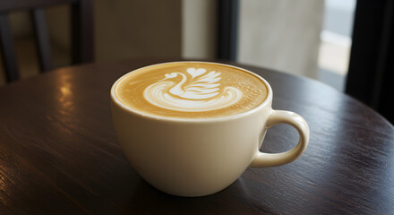 A latte with beautiful latte art in a ceramic mug, placed on a cozy caf&eacute; table.
