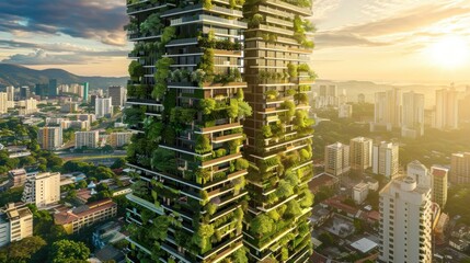 Obraz premium Eco-friendly green skyscraper with solar panels.