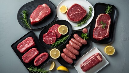 Assortment of raw meats displayed on a grey backdrop.