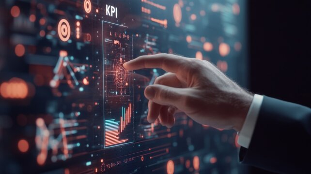 Holographic stock market data analytics dashboard, holographic digital interface with performance metrics, target, speedometer, 