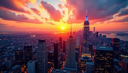 Fototapeta premium Stunning cityscape panorama, skyscrapers at sunset, photography, tower