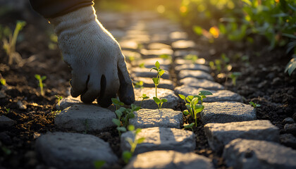Obraz premium Landscape Worker Laying Paving Stones in a Garden at Sunset. Concept of Outdoor Labor, Construction Precision, Natural Beauty.