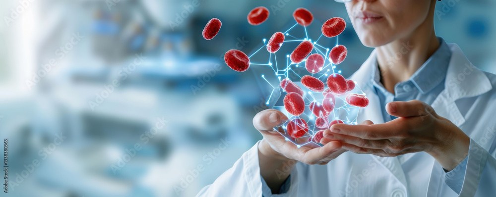 Poster scientist in lab coat interacts with holographic display of red blood cells, illustrating futuristic