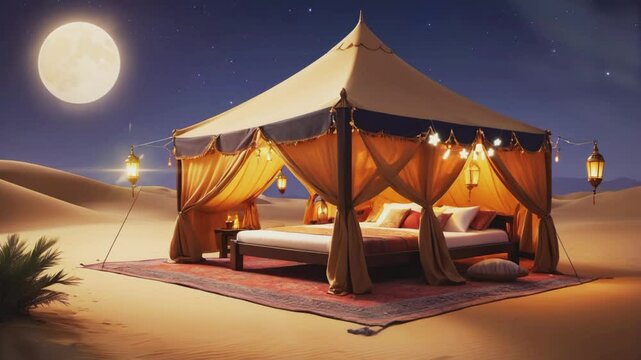 Desert tent view at night, Seamless 4K looping virtual video animation background