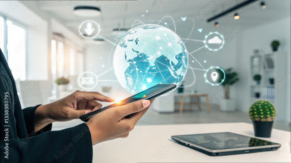 Aufkleber person holds smartphone with glowing holographic globe, symbolizing global connectivity and technolo