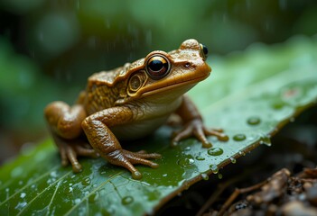 Obraz premium A frog is on a wet leaf in jungle during a rainy day