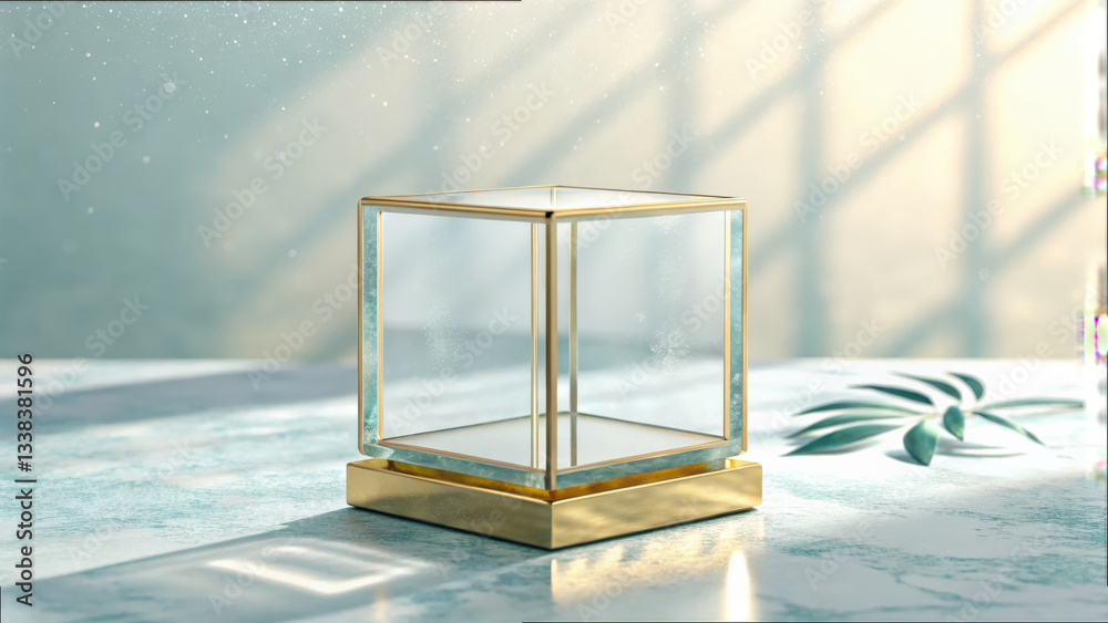 Leinwandbilder transparent glass cube with sharp edges sits on golden base, reflecting light in serene setting. background features soft shadows and hint of greenery, creating tranquil atmosphere