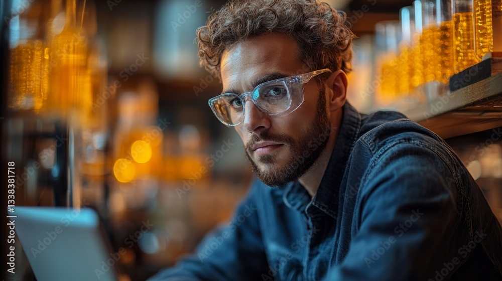 Aufkleber A researcher analyzes quantum mechanics principles, focusing on qubits and superposition, in a well-equipped laboratory filled with various equipment and energy sources.
