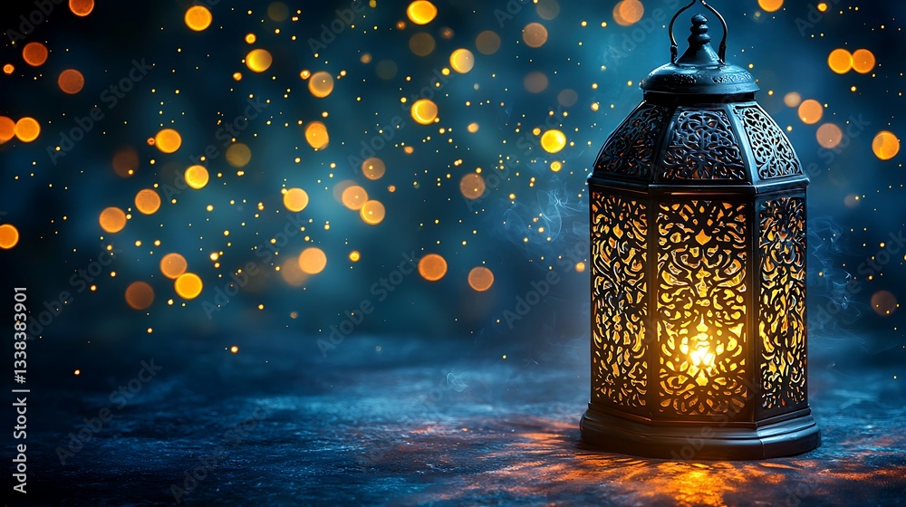 Poster ornate lantern with warm glow and bokeh background