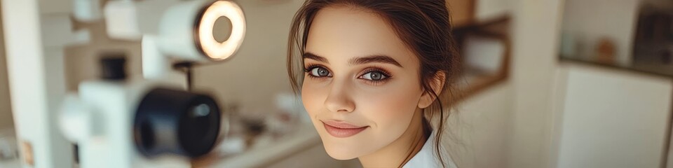 Fototapeta premium Beautiful Young Woman Undergoes an Eye Examination at the Optometrist s Office, Healthcare Concept