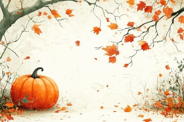 Naklejka premium Autumn landscape with a pumpkin and falling leaves in soft hues