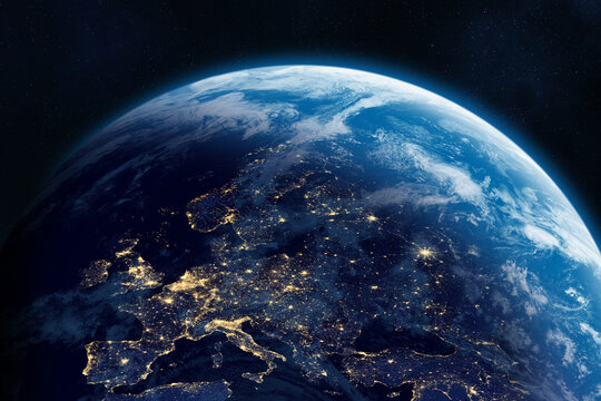 Earth from the space at night. Europe at night viewed from space with city lights. Planet Earth. High resolution image.