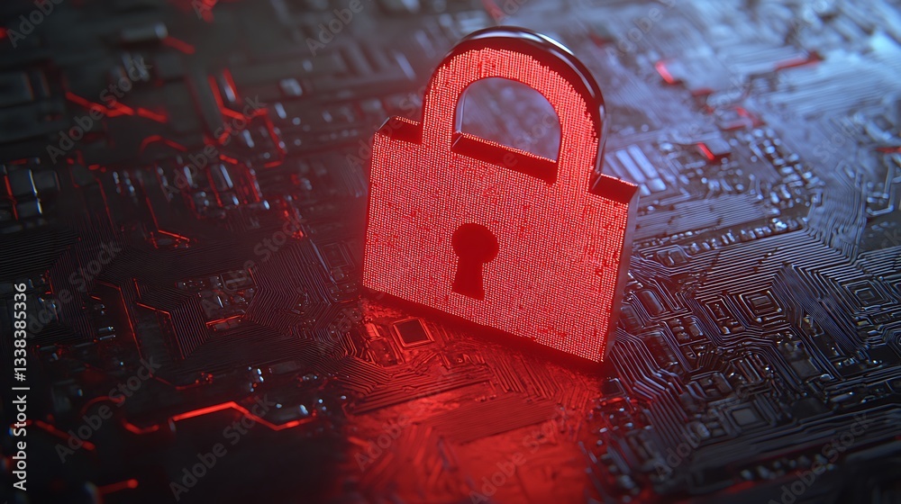 Poster red digital lock on circuit board background representing cybersecurity and data protection concepts