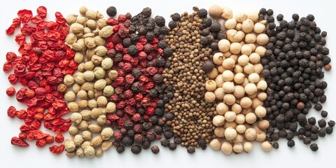 Vibrant Spice Palette: An assortment of colorful peppercorns and spices arranged in a captivating display of culinary diversity and natural beauty.