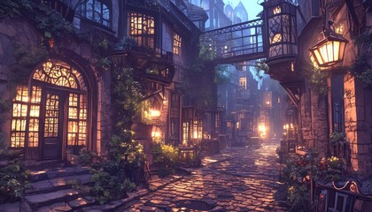 Obraz premium A quaint european street illuminated by warm glowing lanterns at night
