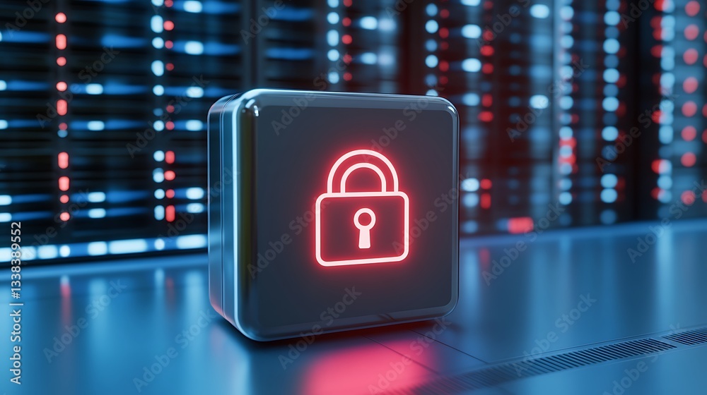 Poster secure data concept with red lock icon in a modern server room, digital security and information pro