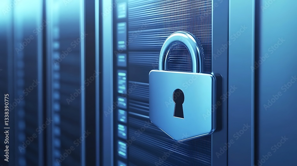 Poster secure data storage concept with lock symbolizing cyber security in modern server room environment