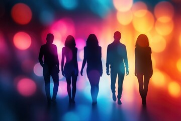 Silhouettes of a man and woman stand against a vibrant blue, purple, and orange abstract background. The blur and bokeh effect create a dynamic scene