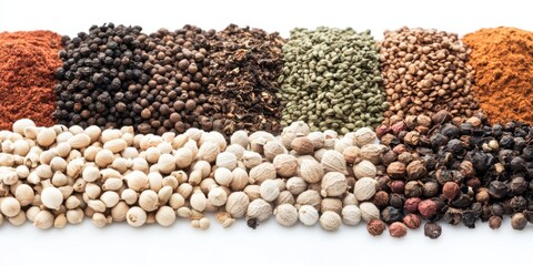 Aromatic Spice Assortment: A colorful array of various spices, each with distinct textures, colors, and aromas, neatly arranged in a row, offering a sensory journey for culinary creativity.