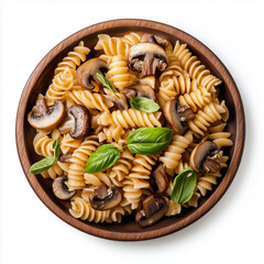 Fototapeta premium Spiral Pasta With Sautéed Mushrooms and Fresh Basil Served in a Wooden Bowl
