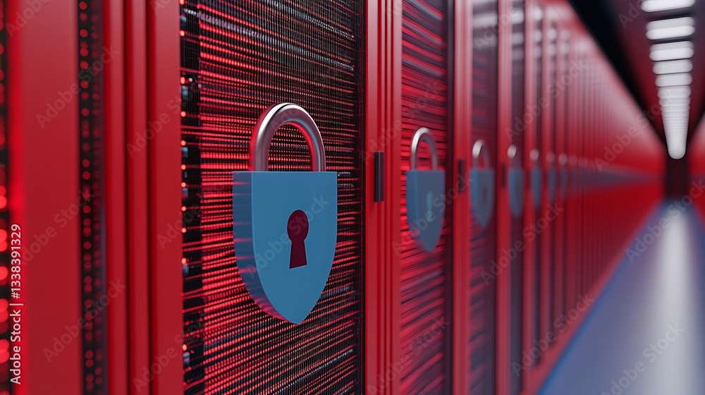 Poster secure data storage system with lock symbol in a modern server room environment