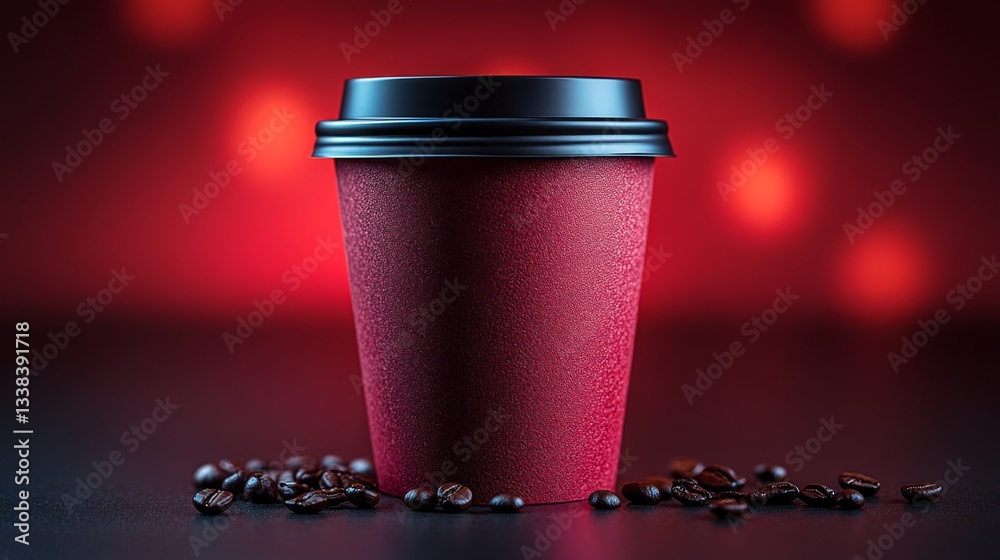 Poster a cozy coffee cup sits on a dark surface surrounded by scattered coffee beans. the background is sof
