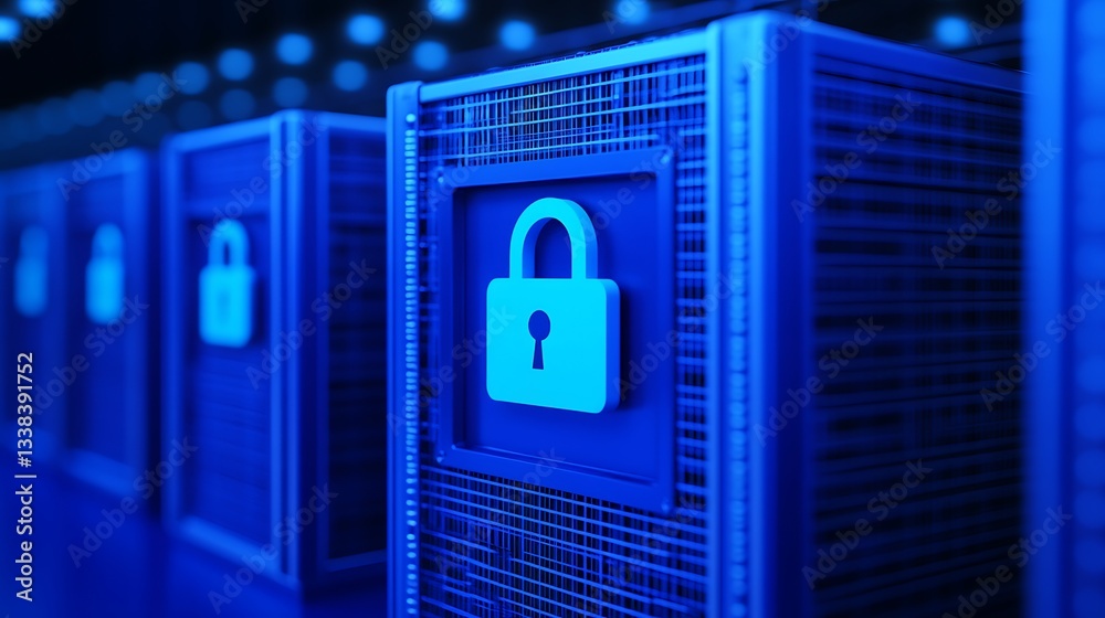 Poster secure data storage with digital lock symbol in data center background of technology and cybersecuri