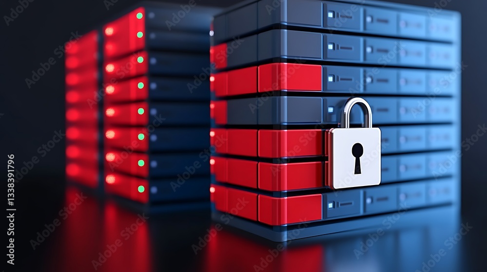 Poster secure data storage with lock and server racks for cybersecurity and digital protection