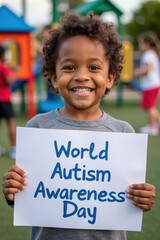 A cheerful child holding a sign that says "World Autism Awareness Day" with a big smile. The background is a colorful playground filled with other kids playing