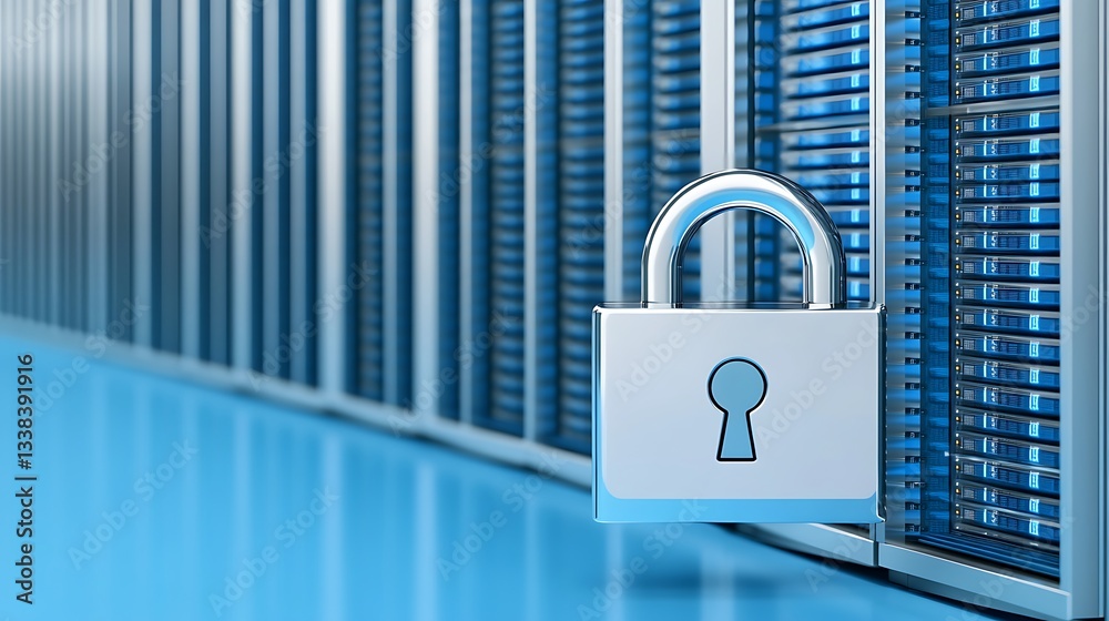 Poster secure data storage with padlock protecting server data in modern server room technology environment